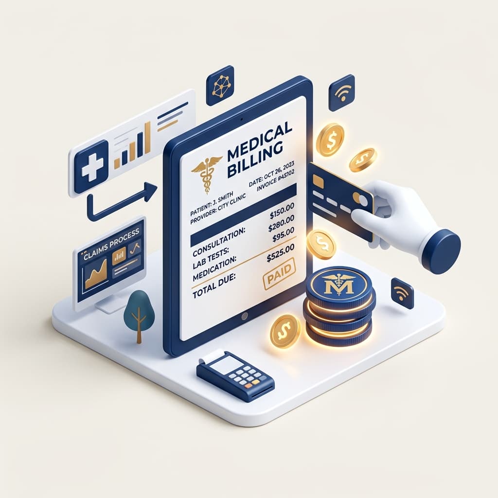 Medical billing and claims workflow illustration
